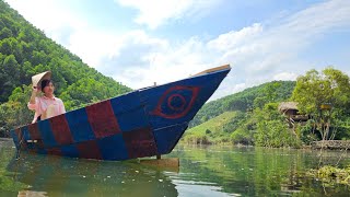 Make a wooden boat with a water jet engine from a lawn generator and scrap bicycles