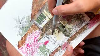 On-site Sketching and watercolor, centre old town of Luang Prabang Ep27