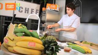 Magret en écaille de banane, jus au rhum et bouchon mangue banane