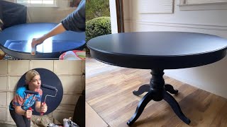 Painting Furniture Dark - Navy Blue Black TABLE makeover NO bubbles foam roller rid of brushstrokes