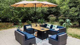 PHI VILLA 2-In-1 Fire Pit Table & PE Rattan Sofa Sectional