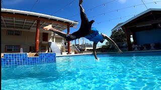 Tropical private pool |  Cannonball jumps | backflips | learning how to swim 🏊‍♂️ | almost drowned