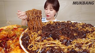 титр) Black bean sauce noodles Green onion kimchi Fried Shrimp in Hot sauce REAL SOUND ASMR MUKBANG