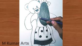 how to draw a girl with a teddy//easy drawing step by step