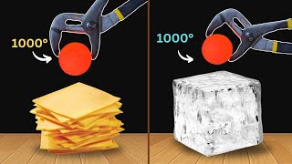 Experiment 1000°C Glowing Metal Ball vs Ice, Cheese | Cool Science Experiment