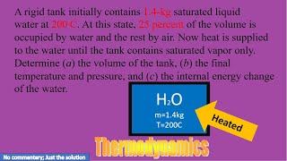 A rigid tank initially contains 1.4-kg saturated liquidwater at 200 C. At this state, 25 percent