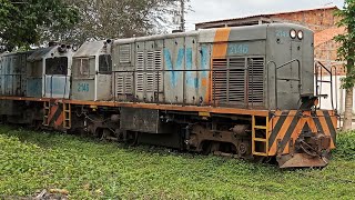 Trem com vagões mistos vazios e avariados.