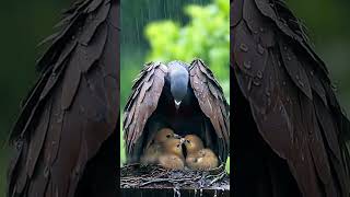 Brave Bird Try to Save Her Babies From Rain