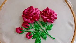 Hand embroidery satin ribbon rose flowers/Ribbon embroidery/satin ribbon flower embroidery.