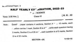 Class 6 Science Half yearly Exam question paper (2022 - 2023)