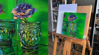 Realistic Oil Painting in Process. Step by Step. Still Life. Flowers Painting. Glass Painting