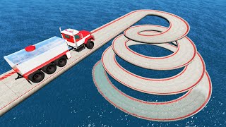 Big Trucks Vs Impossible Spiral Cone Bridge Crossing Car Transportation - BeamNG.Drive