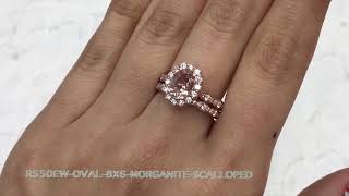 Halo Diamond Oval Morganite Bridal Set in Rose Gold Scalloped Band