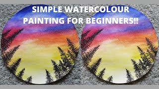 SIMPLE SUNSET WATERCOLOUR Painting FOR BEGINNERS!! How To Paint Trees + Sunset EASILY STEP BY STEP!