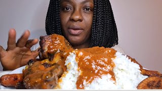 ASMR RICE AND CHICKEN STEW  MUKBANG | FRIED PLANTAIN | CRUNCHY CUCUMBER | TURKEY WINGS SAUSAGES