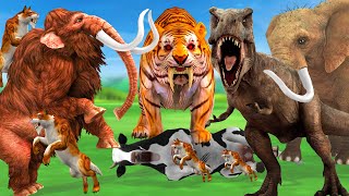 Woolly Mammoth vs Giant Tiger Zombie T Rex Attack Cow Cartoon Elephant Saved by Mammoth Gorilla