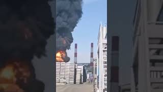 A fire in Dzerzhinsk, near Moscow, Russia. Warehouses are burning next to the CHP.