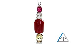 Yellow Sapphire, Coral, Real Saltwater Pearl & a Ruby Set in Platinum Pendant | Prakash Gems