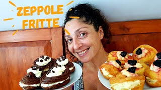 Zeppole con crema pasticcera e zeppole con panna montata e gocce di cioccolato