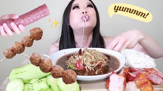 SOUTHEAST ASIAN PLATTER MUKBANG| PAPAYA SALAD + NAM SAUSAGE + MEATBALLS VERMECILLI NOODLE PORK BELLY