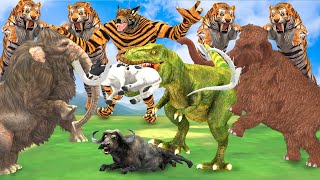 Giant Tiger wolf Attacks Dinosaur Chase Cow Cartoon Buffalo Gorilla Saved By Woolly Mammoth Elephant