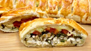 Слоеный  пирог с курицей и сыром сулугуни.  Быстрый рецепт / Chicken and cheese pie. Eng sub