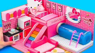 DIY Miniature House #74 Make Cute Pink Hello Kitty House with Swimming Pool from Cardboard (Easy)