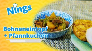 Gericht + Beilage in einer Pfanne gekocht: Bohneneintopf + Pfannkuchen/Brot