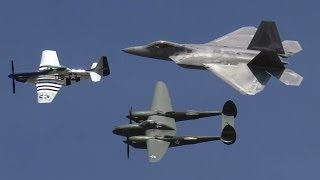 2014 SUN 'n FUN Heritage Flight P-38 "Glacier Girl", P-51 "Crazy Horse II", F-22 "Raptor"