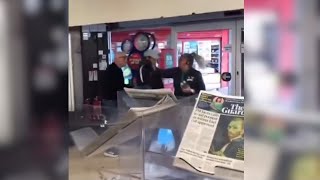 UK. A Shop Thief tried to get away but was caught. Don't mess with the lass on the door.