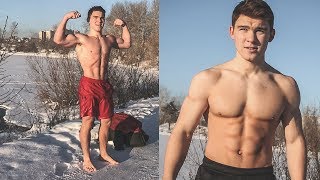 CRAZY SIBERIAN 16 YEARS MUSCLE BOY FLEXING AND SWIMMING IN ICE WATER WITH HIS BIG BROTHER