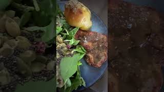 Air fry Pork Chop, Heirloom Tomato, Super greens, dressing, Pumpkin Seeds, Chia Seeds. #gardensalad