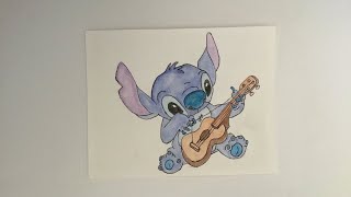 HOW TO PAINT a Biro Drawing of STITCH from Lilo and Stitch with WATERCOLOUR Pencil Step by Step