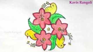 Latest Birds Rangoli with Flowers | Easy to Draw Kolam Designs by Kavis Rangoli