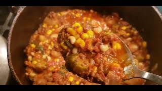 Garden Stew with hamburger poured over cornbread. the taste test.