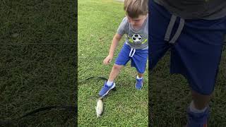 5 year old catches bass but forgets something