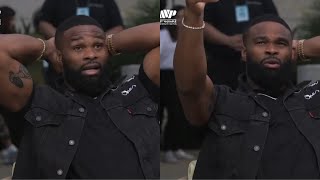 Tyron Woodley gets distracted by the moon during Jake Paul face to face