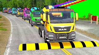 Double Flatbed Trailer Truck vs speed bumps|Busses vs speed bumps|Beamng Drive|BEAMNG4K #41