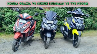 TVS Ntorq xt vs Suzuki Burgman vs Honda Grazia comparison on 125cc Segment | price,Mileage,Features