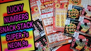 SCRATCHCARDS...SNACK STACK..SUPER 7s  LUCKY NUMBERS..NEON 9s