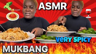 ASMR MOUTH SOUNDS| MUKBANG| Spaghetti JOLLOF AND SPICY CHICKEN FEET|AFRICAN FOOD MUKBANG