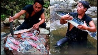 Survival in the rainforest - Unbelievable baby squid in big fish stomach and cook for dog - Eating