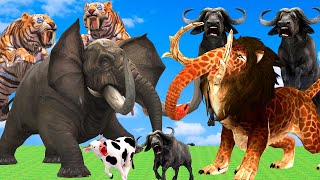 Monster Lion Mammoth vs Giant Buffalo Fight Cow Saved By 5 Woolly Mammoth Elephant vs 5 Giant Tigers