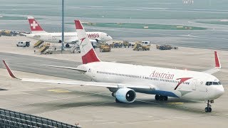 FOGGY Takeoff Austrian Boeing 767-300WL out of Vienna International Airport