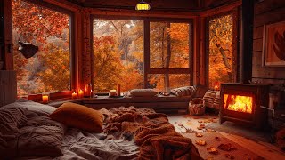 Relax in a cozy bedroom with gentle autumn - Piano music and warm fireplace