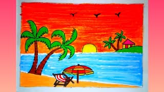 beach drawing | beach drawing using oil pastels | nature drawing using oil pastels | nature drawing