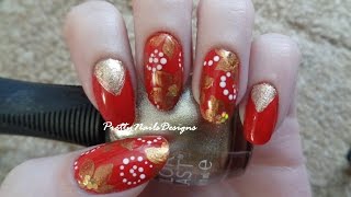 Golden One Stroke Poinsettias on Red Polish Nail Art