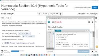 Elementary Stats Lesson 142: Hypothesis Test for Variance With Data (Section 10.4 Problems 10-11)