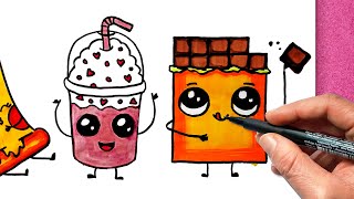 How To Draw CUTE Things Easy FOOD- How To Draw Really Cute PIZZA, MILKSHAKE & CHOCOLATE