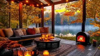 Tranquil Autumn Porch 🍂 Warm Morning with Smooth Jazz Music & Crackling Fireplace for Work, Unwind